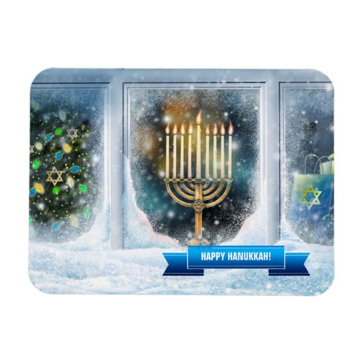 Happy Hanukkah. Schneeszene mit Menorah Magnet (Horizontal)