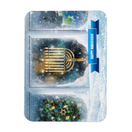 Happy Hanukkah. Schneeszene mit Menorah Magnet