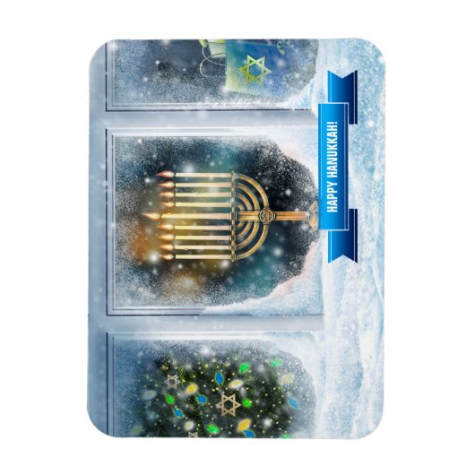 Happy Hanukkah. Schneeszene mit Menorah Magnet (Vertikal)