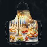 Happy Hanukkah Schürze<br><div class="desc">Hanukkah Aquarellbild. Ein wunderschön gestaltetes Set für eine festliche Feier mit einer traditionellen Menorah mit Kerzen. Das weiche,  warme Licht,  die Dekoration der Ferien verleiht dem Ganzen eine Touch Beifall. Warme Lichter schaffen eine gemütliche und einladende Atmosphäre.</div>