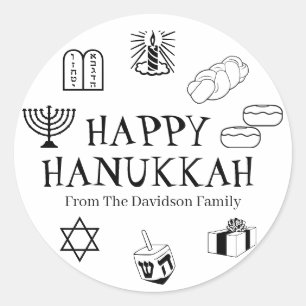 Happy Hanukkah Schwarz-weißer individuelle Name G Runder Aufkleber
