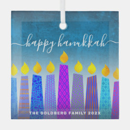 Happy Hanukkah Script Menorah Candles Türkis Ornament Aus Glas