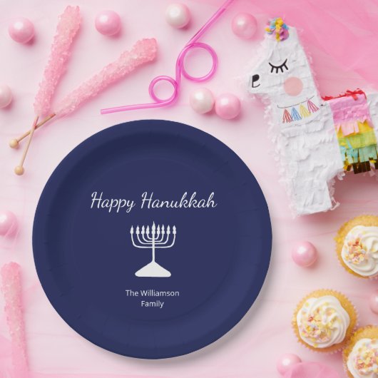 Happy Hanukkah Simple Menorah Blue Pappteller (Party)