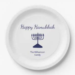 Happy Hanukkah Simple Menorah Blue Pappteller