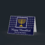 HAPPY HANUKKAH | Star of David Feiertagskarte<br><div class="desc">HAPPY HANUKKAH Star der David Holiday Card mit KUNSTBAR TEXT. Stilvolle Grußkarte zum Feiern der HANUKKAH. Dunkelblauer Hintergrund mit silberner Stern von David und weißer Typografie. LAPlaceholder-Text auf der Abdeckung und im Inneren der Begrüßung sind anpassbar,  sodass Sie Ihren Namen hinzufügen und die Nachricht ändern können.</div>