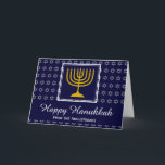 HAPPY HANUKKAH | Star of David Feiertagskarte<br><div class="desc">HAPPY HANUKKAH Star der David Holiday Card mit KUNSTBAR TEXT. Stilvolle Grußkarte zum Feiern der HANUKKAH. Dunkelblauer Hintergrund mit silberner Stern von David und weißer Typografie. LAPlaceholder-Text auf der Abdeckung und im Inneren der Begrüßung sind anpassbar, sodass Sie Ihren Namen hinzufügen und die Nachricht ändern können.</div>