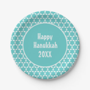 Happy Hanukkah Star Tiles Turquoise Pappteller