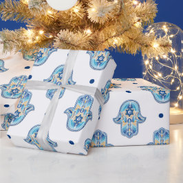 Happy Hanukkah Star von David Hamsa Hand White Blu Geschenkpapier