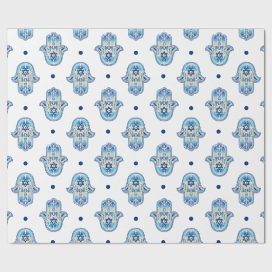 Happy Hanukkah Star von David Hamsa Hand White Blu Geschenkpapier (Flach)