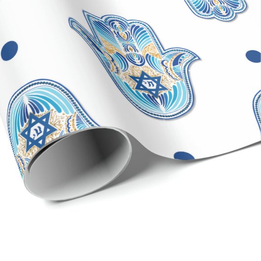 Happy Hanukkah Star von David Hamsa Hand White Blu Geschenkpapier (Rolleneckpunkt)