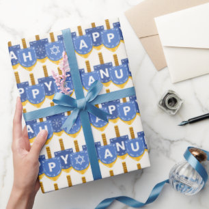 Happy Hanukkah Star von David Snowflakes White Blu Geschenkpapier
