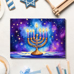 Happy Hanukkah Starry Menorah Karte<br><div class="desc">Dieses Kunstwerk von AI ist eine hübsche Karte, die die strahlende Menorah aller acht Kerzen in Aquarellfarbe enthält. Diese Karte ist ideal, um warme hanukkah Wünsche zu senden, sie kann mit Familie, Freunden, Kollegen oder jedem, der das Festival der Lichter feiert, geteilt werden. Es ist eine wunderschöne Art, den Feiertagssjubeln...</div>