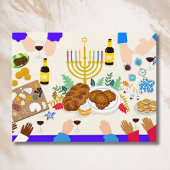 Happy Hanukkah Table with Menorah, Food & Family Postkarte