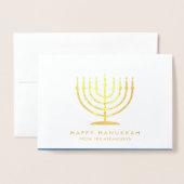 Happy Hanukkah Techelet Blue Simple Modern Menorah Folienkarte (Vorderseite mit Umschlag)