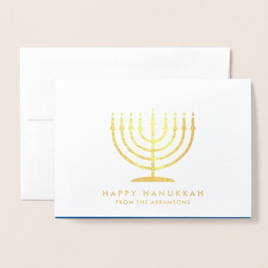 Happy Hanukkah Techelet Blue Simple Modern Menorah Folienkarte (Vorderseite mit Umschlag)