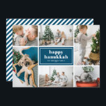 Happy Hanukkah Typografie Blue Foto Collage Feiertagskarte<br><div class="desc">Happy Hanukka! Senden Sie Urlaubswünsche und Grüße mit dieser modernen und stilvollen Urlaubskarte. Es zeichnet sich durch eine Retro-fett formatierte Typografie mit weißem und blauem diagonalen Streifen Muster aus. Personalisieren Sie Ihre Lieblings-Fotos,  Gruß,  Namen und andere Details. Die Texte sind vollständig editierbar. Erhältlich als Flachkarte,  gefaltete Karte und Postkarte.</div>