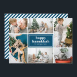 Happy Hanukkah Typografie Blue Foto Collage Feiertagskarte<br><div class="desc">Happy Hanukka! Senden Sie Urlaubswünsche und Grüße mit dieser modernen und stilvollen Urlaubskarte. Es zeichnet sich durch eine Retro-fett formatierte Typografie mit weißem und blauem diagonalen Streifen Muster aus. Personalisieren Sie Ihre Lieblings-Fotos,  Gruß,  Namen und andere Details. Die Texte sind vollständig editierbar. Erhältlich als Flachkarte,  gefaltete Karte und Postkarte.</div>