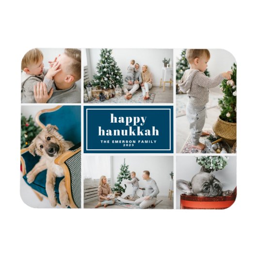 Happy Hanukkah Typografie Blue Foto Collage Magnet (Horizontal)