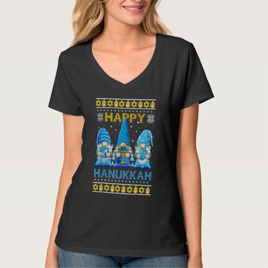 Happy Hanukkah Ugly Christmas Gnome Gnomies Menora T-Shirt (Vorderseite)