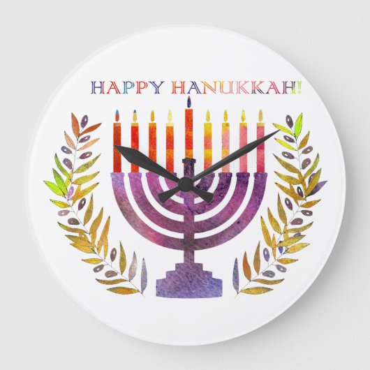 Happy Hanukkah Wall Clock Große Wanduhr (Vorderseite)