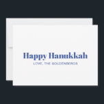 Happy Hanukkah weißer, minimalistischer, benutzerd Feiertagskarte<br><div class="desc">Happy Hanukkah blau und weiß moderne Typografie minimalistisch einfache personalisierte Hanukkah Holiday Card. Vollständig anpassbarer blauer Text auf weißem Hintergrund.</div>