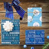 Happy Hanukkah White Blue Kinder Name Typografie Geschenkpapier Set