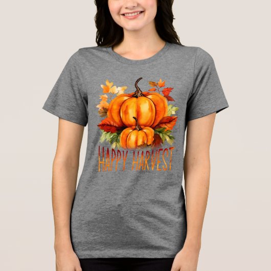 "Happy Harvest" Aquarell Pumpkin & Herbstlaubs Tri-Blend Shirt (Vorderseite)