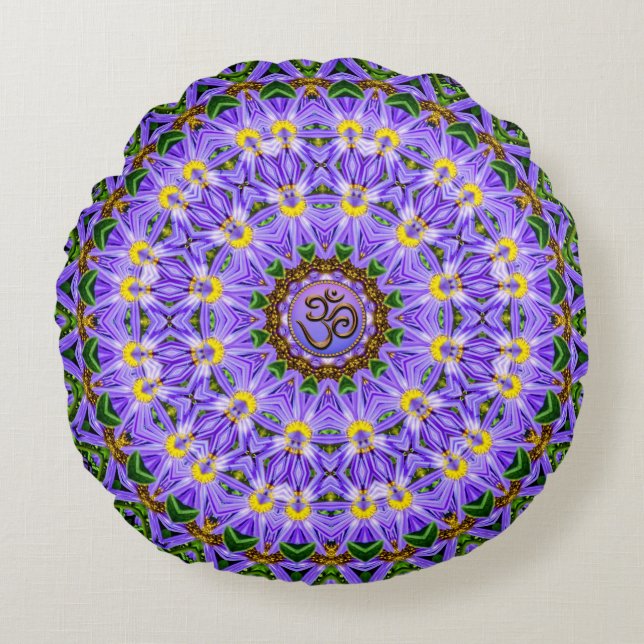 Happy Healing Lila Yellow Mandala OM Yoga Runde Rundes Kissen (Vorderseite)