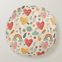 Happy Hearts - Whimsical Valentinstag Pattern Rundes Kissen