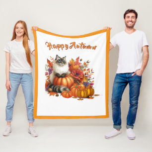 Happy Herbst Ragdoll Cat and Pumpkins Fleecedecke