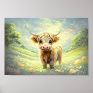 Happy Highland Kuh umgeben von lebhaften Blüten Poster