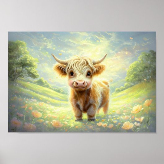 Happy Highland Kuh umgeben von lebhaften Blüten Poster (Vorne)