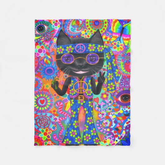 Happy Hippie Cat Sonnenbrille Peace Sign Blume Fleecedecke (Vorderseite)