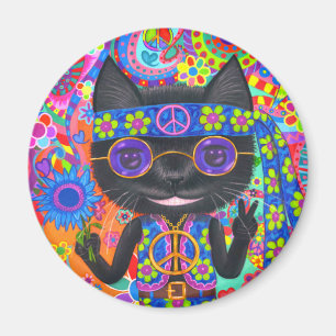 Happy Hippie Cat Sonnenbrille Peace Sign Blume Magnet