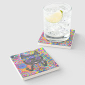 Happy Hippie Cat Sonnenbrille Peace Sign Blume Steinuntersetzer (Seitenansicht)