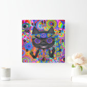 Happy Hippie Cat Sonnenbrille Peace Signes Blume N Quadratische Wanduhr (Zuhause)