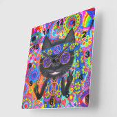Happy Hippie Cat Sonnenbrille Peace Signes Blume N Quadratische Wanduhr (Winkel)