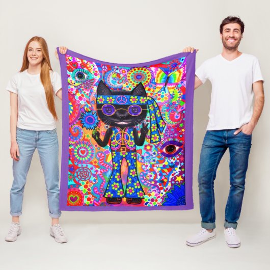 Happy Hippie Cat Sunglasses Peace Signes Blume Fleecedecke (Beispiel)