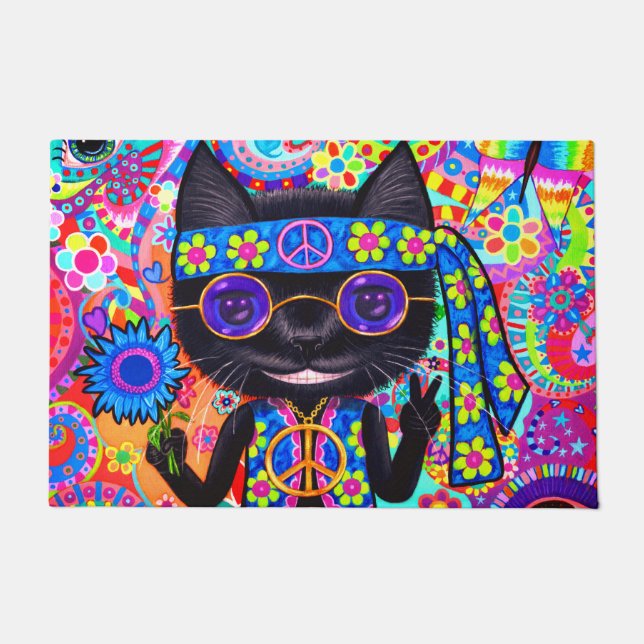 Happy Hippie Cat Sunglasses Peace Signes Blume Fußmatte (Vorderseite)