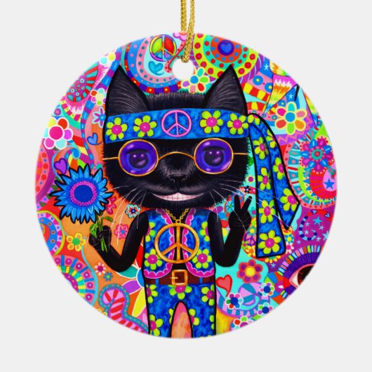 Happy Hippie Cat Sunglasses Peace Signes Blume Keramik Ornament (Vorne)