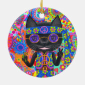 Happy Hippie Cat Sunglasses Peace Signes Blume Keramik Ornament (Hinten)