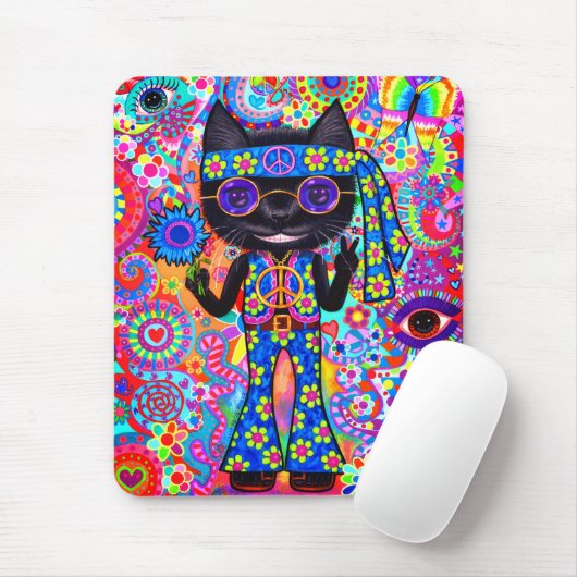 Happy Hippie Cat Sunglasses Peace Signes Blume Mousepad (Mit Mouse)