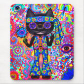 Happy Hippie Cat Sunglasses Peace Signes Blume Mousepad (Vorne)