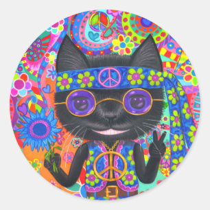Happy Hippie Cat Sunglasses Peace Signes Blume Runder Aufkleber