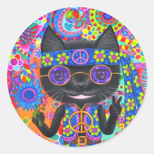 Happy Hippie Cat Sunglasses Peace Signes Blume Runder Aufkleber (Vorderseite)