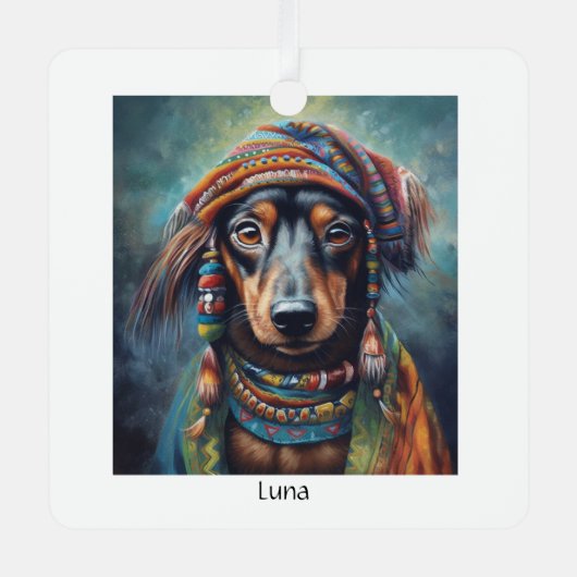 Happy Hippie Dackel anpassbar Ornament Aus Metall (Vorderseite)