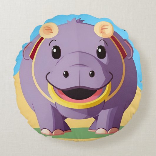 Happy Hippo Character Rundes Kissen (Vorderseite)