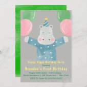 Happy Hippo Einladung zum ersten Geburtstag (Vorne/Hinten)