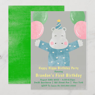 Happy Hippo Einladung zum ersten Geburtstag