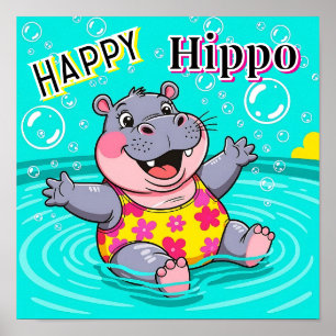 Happy Hippo   Niedlicher Cartoon Kids Kinderzimmer Poster